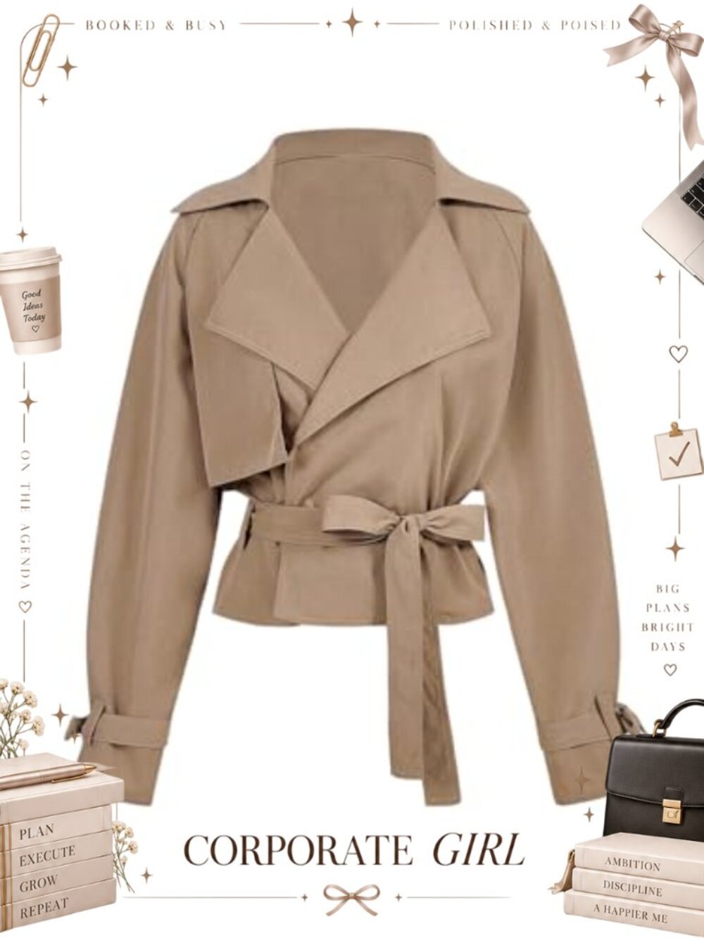 Women's Wrap Tie Belted Double Breasted Short Trench Coat